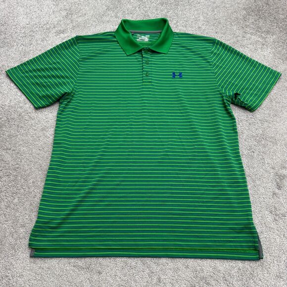 Under Armour Loose Fit Polo Shirt Mens Large Green Blue Striped Stretch HeatGear - Picture 1 of 13
